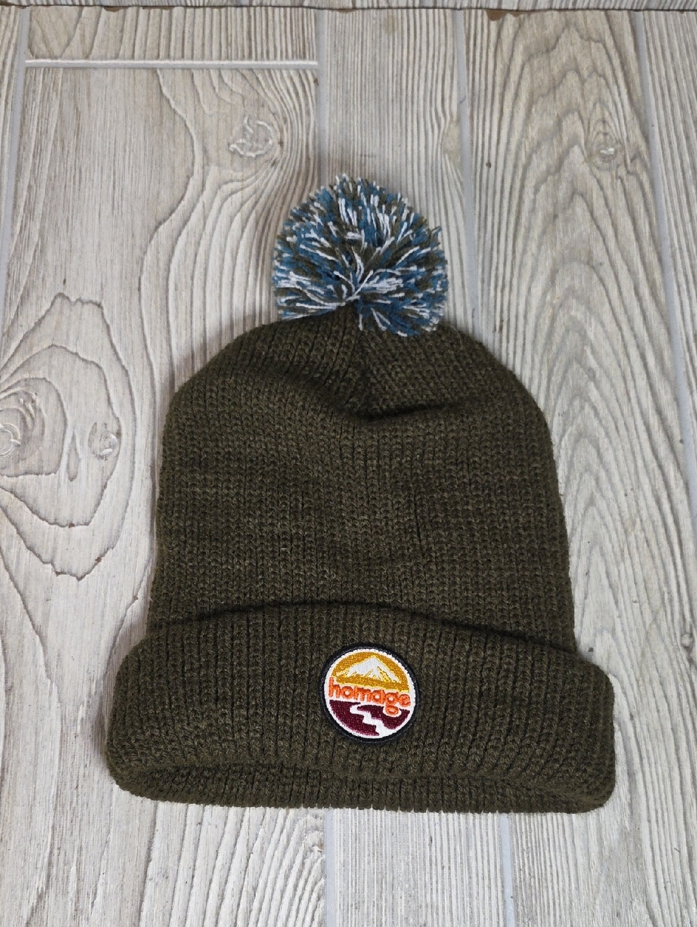 Homage Olive Green Beanie With Moutain Pach and Pom Pom